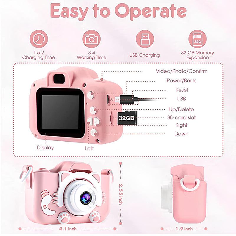 Kids Mini Digital Camera Toys Cartoon Soft Silicone Cover 32GB SD Card For Boy Girl Christmas Gift