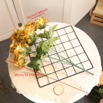10 Heads Gold-Silver Artificial Silk Roses | DIY Wedding Floral Supplies | Bridal Bouquet & Home Decor Photo Props
