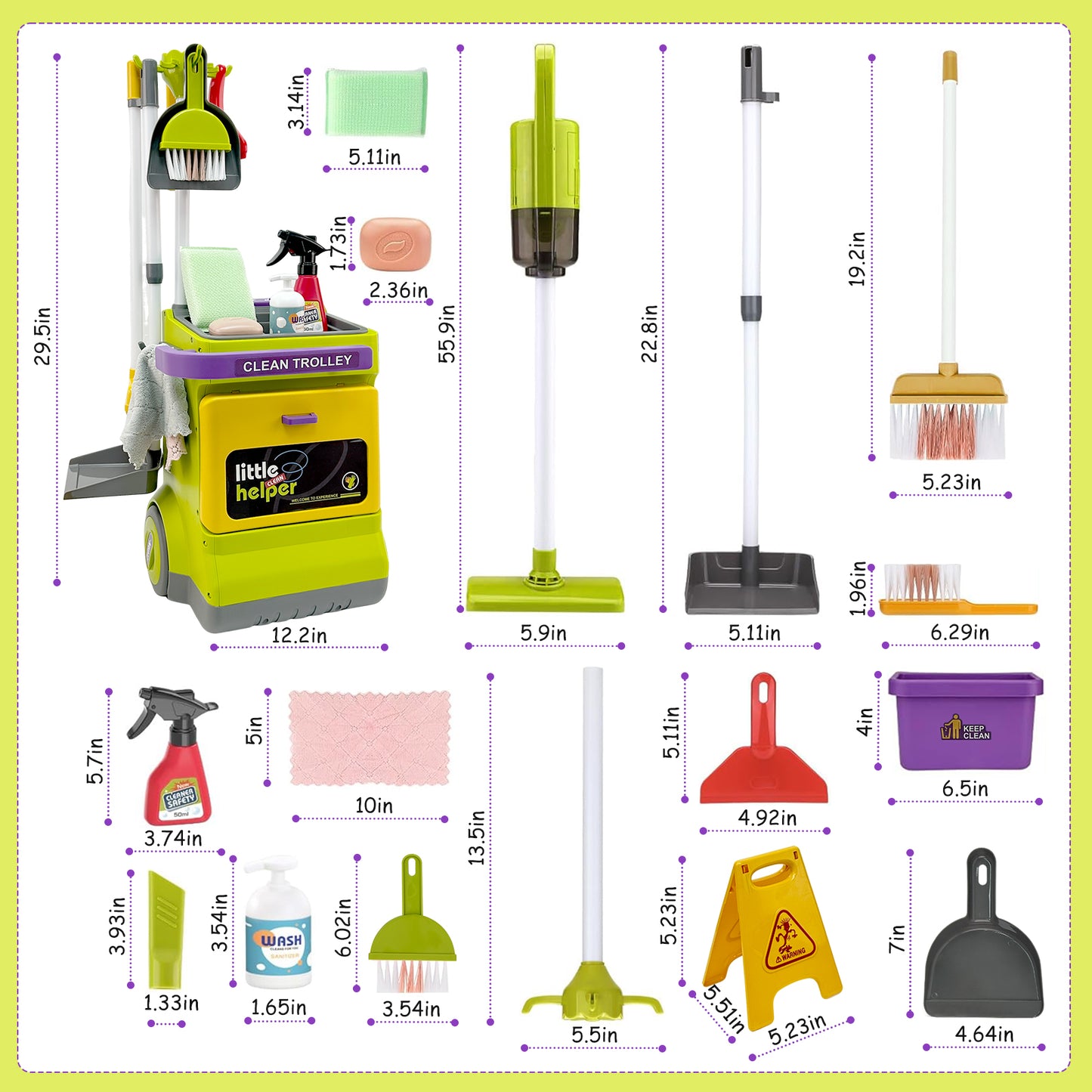 Educational cleaning kit for toddlers, 20-piece role-play set, kids cleaning cart with real vacuum cleaner