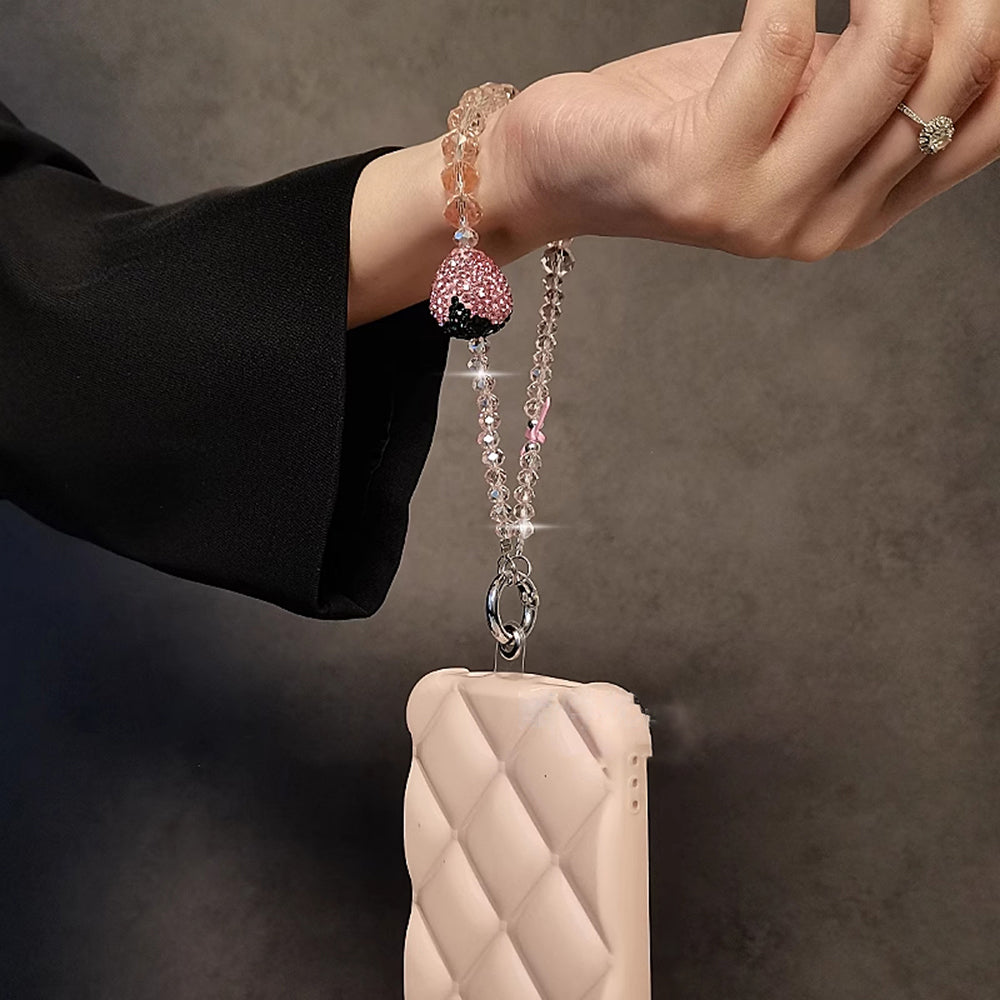 Luxury Bling Pink Strawberry Bow Crystal Pendant Phone Chain For iPhone Jewelry Strap Gift Girl Hanging Decor Keyring Cord Rope