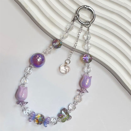 Tulip & Butterfly Crystal Beaded Phone Lanyard Keychain | Anti-Lost Accessory