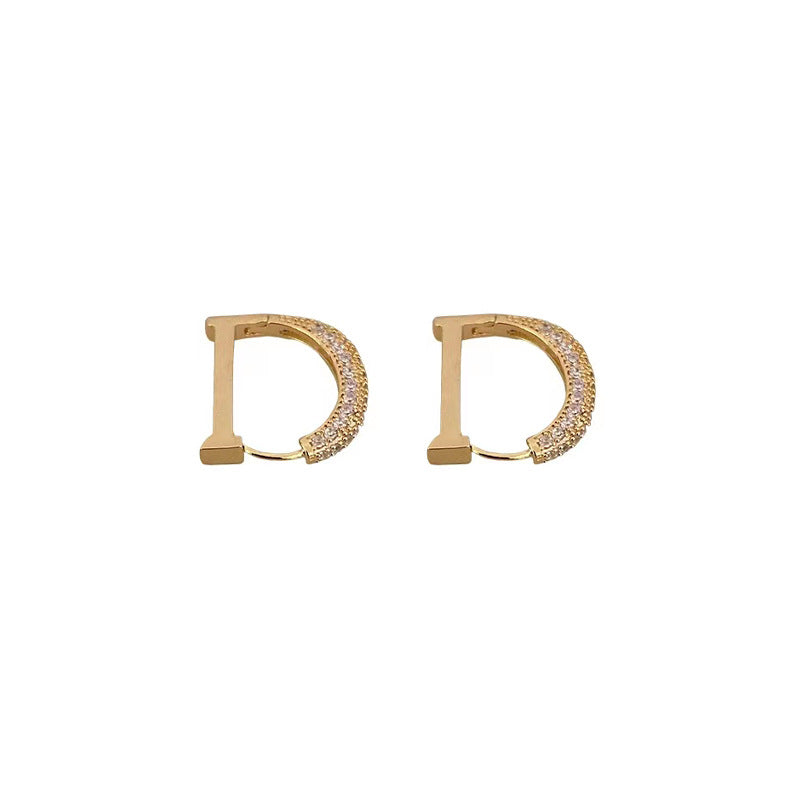 Gold D-Shaped Zirconia Earrings Fashion Women Jewelry Valentine's Day Wedding Anniversary Birthday Romantic Gift