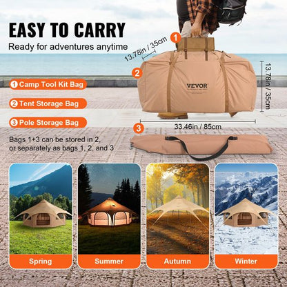 Canvas Tent | 4 Seasons | 5 m/16.4 ft Bell Tent | Camping with Stove Jack | Breathable Yurt Tent | Accommodates up to 8 People