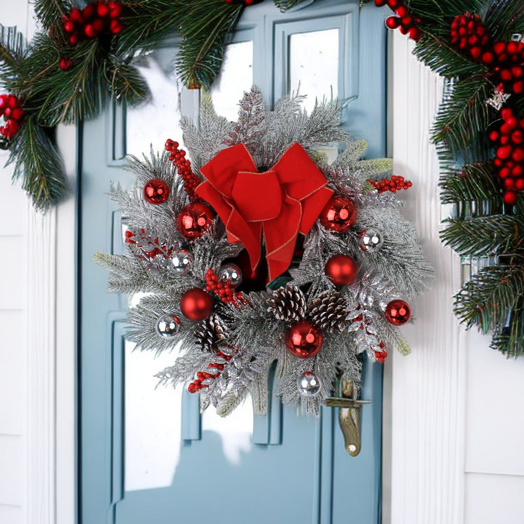 Christmas new snow powder snow frost PE pine needle red ball window bow with Christmas features exquisite rattan wreath door hanging