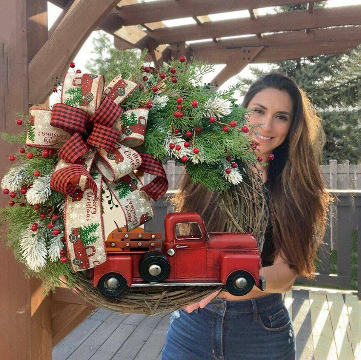 Christmas truck wreath bow pine needles PE pine needles Christmas decorations festive atmosphere creative exquisite door hanging