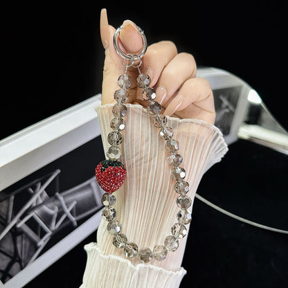 Luxury Rhinestone Strawberry Hand Chain | Retro Cute Wrist Short Lanyard with Clip for Phone Case & Keychain Pendant