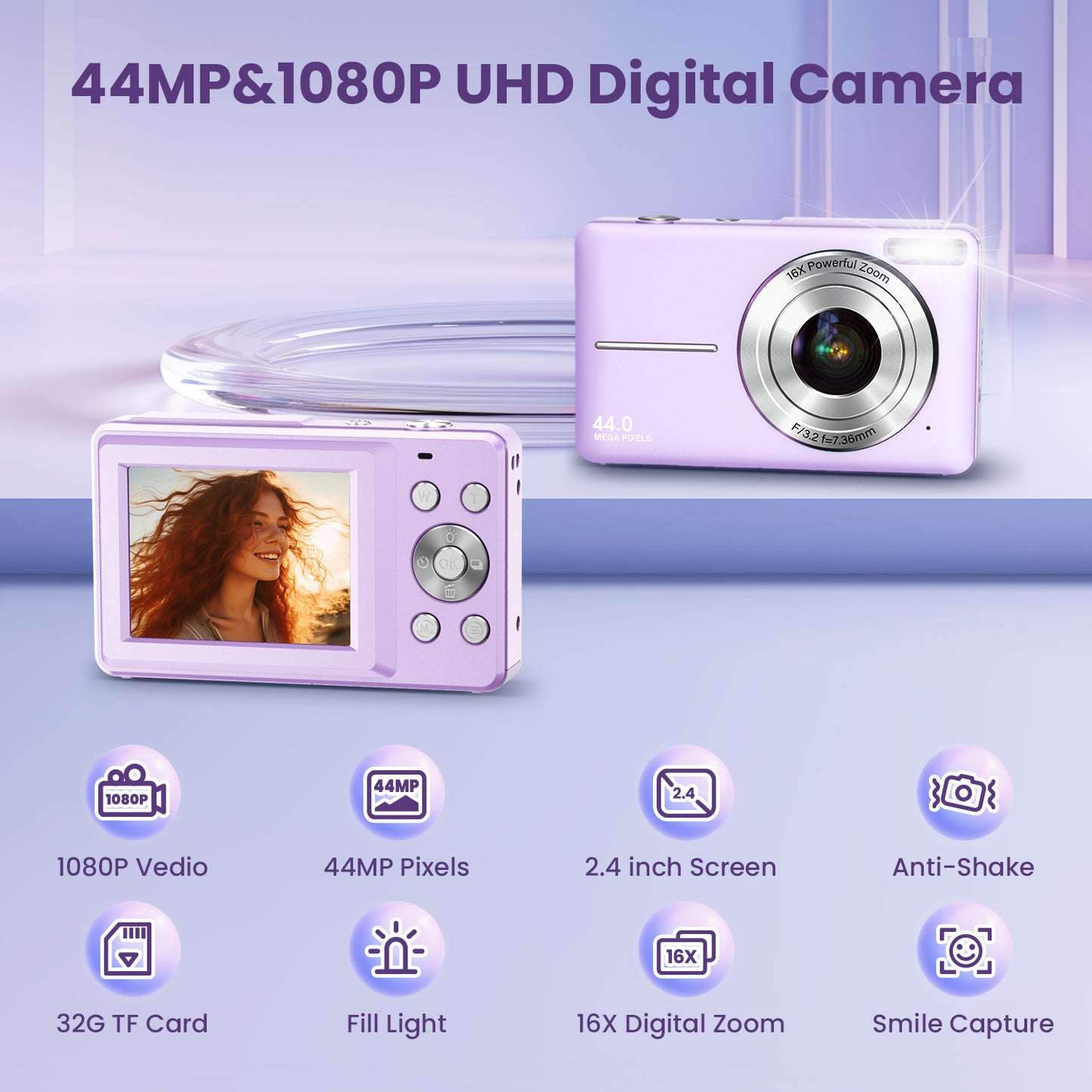 Digital camera, children's camera, video camera, with 16 - x zoom, compact camera, comes with a 32GB card