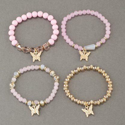 4Pcs Trendy Butterfly Beaded Bracelet Set | Women’s Bohemian Elastic Bangle—Pink Acrylic Jewelry Gift