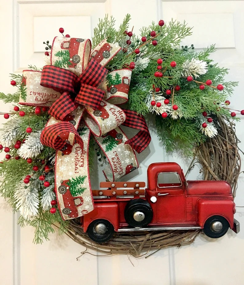 Christmas truck wreath bow pine needles PE pine needles Christmas decorations festive atmosphere creative exquisite door hanging