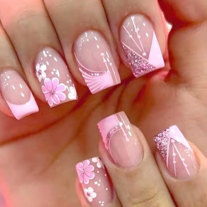 24Pcs French Flash White Border Cherry Blossom Rhinestone Fake Nails | Whitening Detachable Festival Nail Set