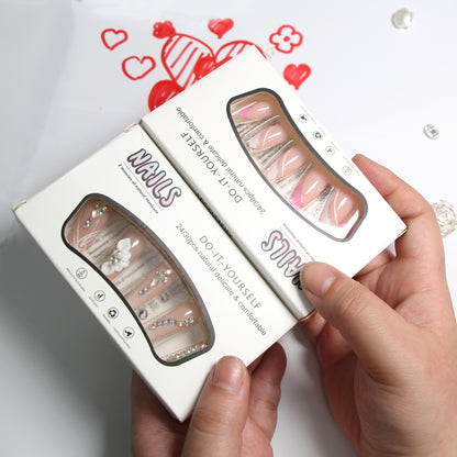 2-piece Set 24 Nail Set Tips Handmade Pink Rhinestone Accent Reusable Press-on Nails Set Fake Nails with Sparkle Crystal Diamonds