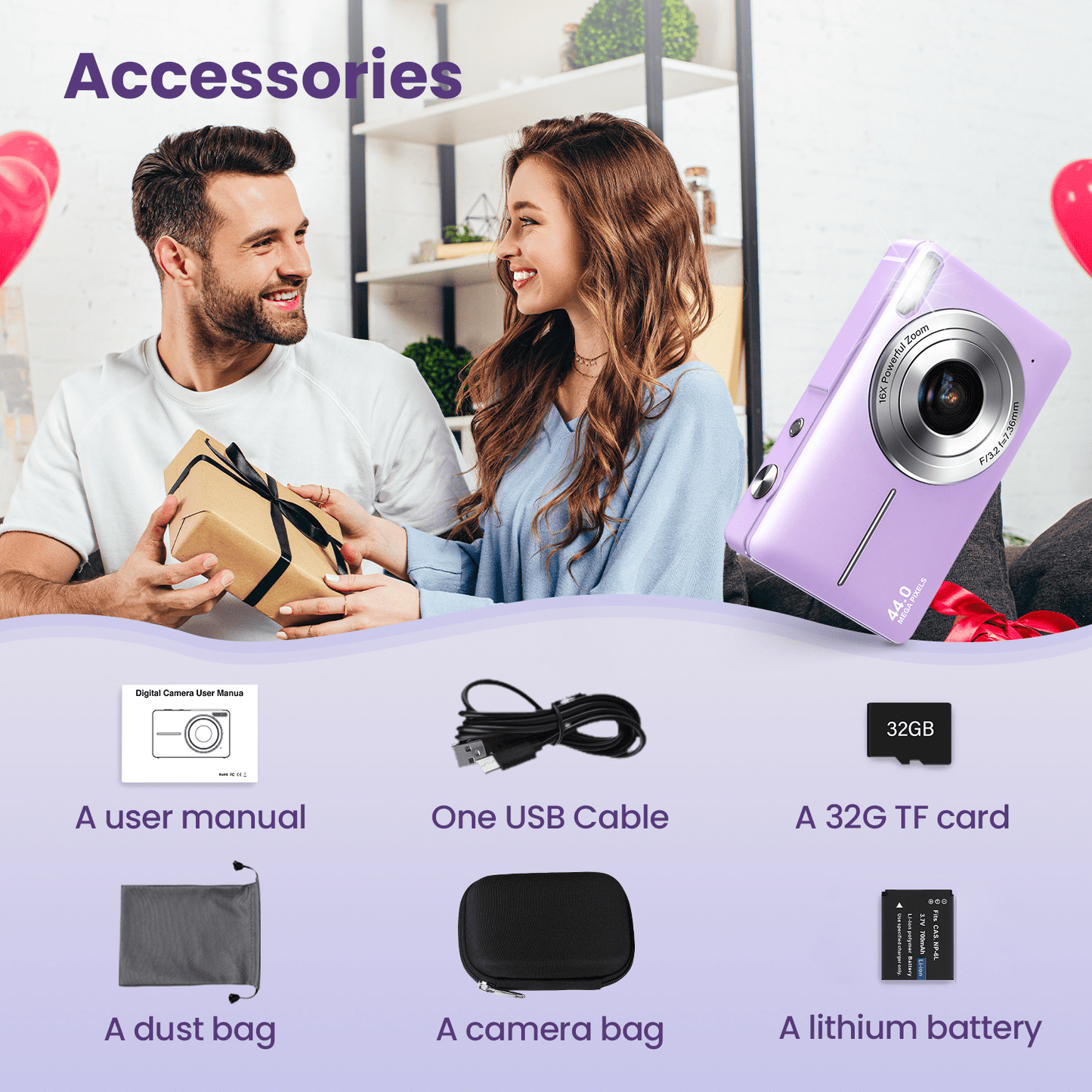 Digital camera, children's camera, video camera, with 16 - x zoom, compact camera, comes with a 32GB card