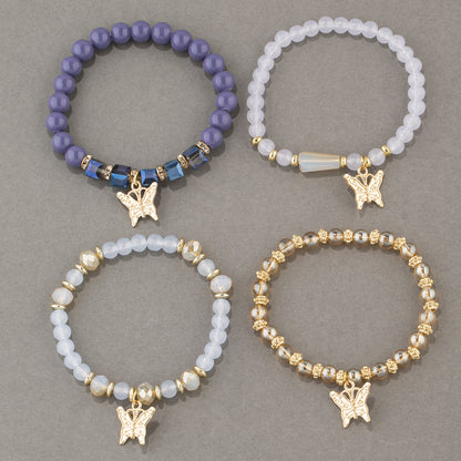 4Pcs Trendy Butterfly Beaded Bracelet Set | Women’s Bohemian Elastic Bangle—Pink Acrylic Jewelry Gift