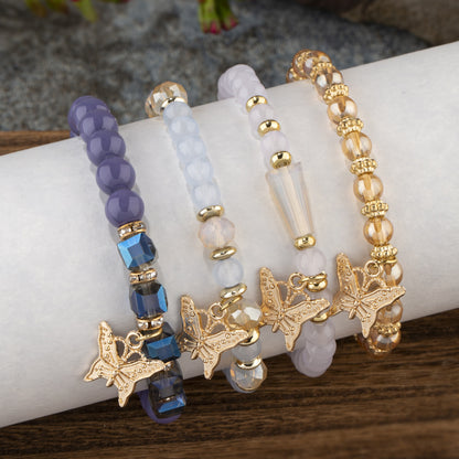 4Pcs Trendy Butterfly Beaded Bracelet Set | Women’s Bohemian Elastic Bangle—Pink Acrylic Jewelry Gift