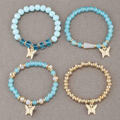 4Pcs Trendy Butterfly Beaded Bracelet Set | Women’s Bohemian Elastic Bangle—Pink Acrylic Jewelry Gift