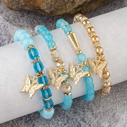 4Pcs Trendy Butterfly Beaded Bracelet Set | Women’s Bohemian Elastic Bangle—Pink Acrylic Jewelry Gift