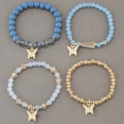 4Pcs Trendy Butterfly Beaded Bracelet Set | Women’s Bohemian Elastic Bangle—Pink Acrylic Jewelry Gift