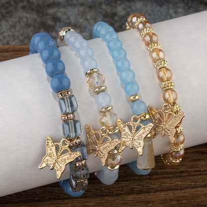 4Pcs Trendy Butterfly Beaded Bracelet Set | Women’s Bohemian Elastic Bangle—Pink Acrylic Jewelry Gift