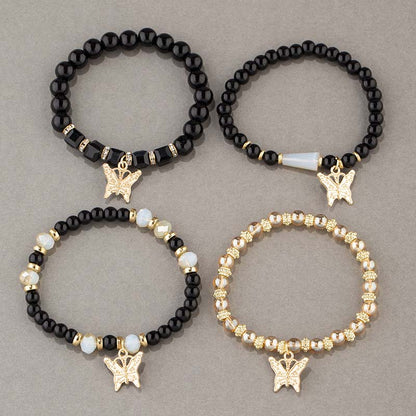 4Pcs Trendy Butterfly Beaded Bracelet Set | Women’s Bohemian Elastic Bangle—Pink Acrylic Jewelry Gift