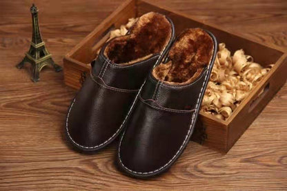 Home Slippers for Women Plush Warm Woman/Men Sewing Genuine Leather Unisex Waterproof House Slippers Big Size 35-44