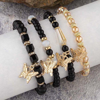 4Pcs Trendy Butterfly Beaded Bracelet Set | Women’s Bohemian Elastic Bangle—Pink Acrylic Jewelry Gift