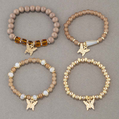 4Pcs Trendy Butterfly Beaded Bracelet Set | Women’s Bohemian Elastic Bangle—Pink Acrylic Jewelry Gift