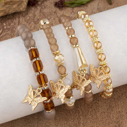 4Pcs Trendy Butterfly Beaded Bracelet Set | Women’s Bohemian Elastic Bangle—Pink Acrylic Jewelry Gift