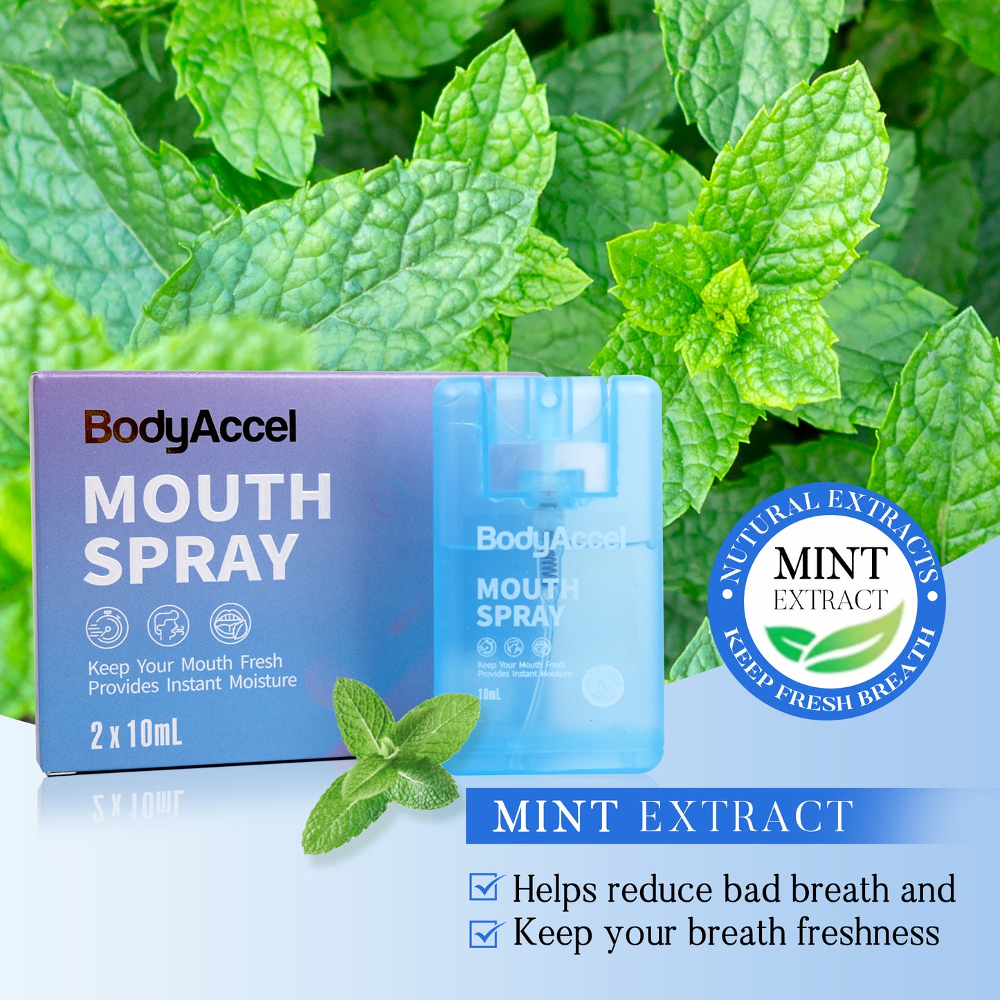 Bad breath eliminating oral spray, oral care, fresh breath, portable use, worry-free in social situations, essential for daily use, refreshing at any time, taking effect quickly, mint flavor.