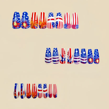 24pcs/set Short Medium square ballet fake nails tip for American Independence Day blue red flowers star flag press on false nail