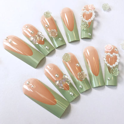 24 pcs Peach - Green Sweet Dream Wearable Manicure Fashionable handmade nail art