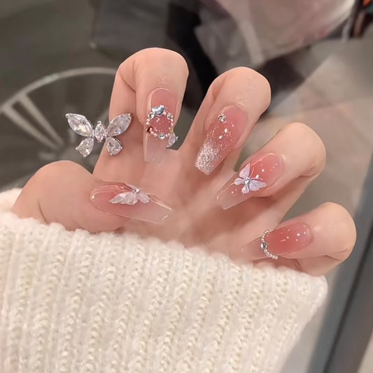 24 pieces of wearable nails - Instagram hits, medium and long nail art, shiny rhinestone nails