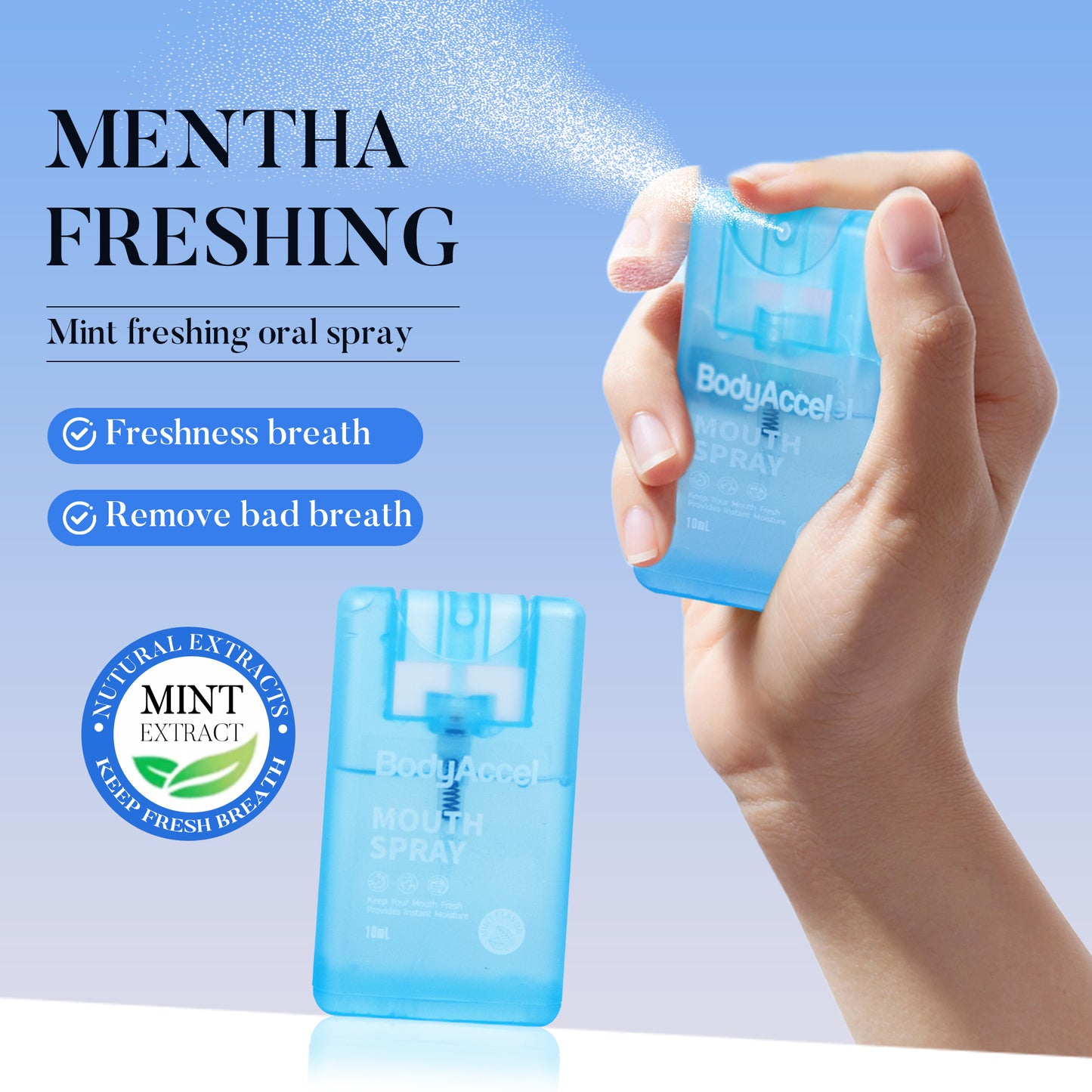 Bad breath eliminating oral spray, oral care, fresh breath, portable use, worry-free in social situations, essential for daily use, refreshing at any time, taking effect quickly, mint flavor.