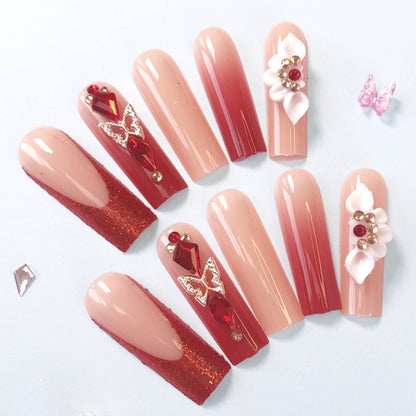 24Pcs Nude-Pink Red Diamond Floral Press-On Nails | Luxurious Wearable Manicure Set