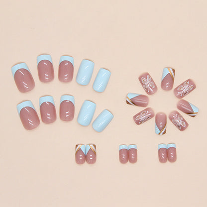 4 Packs/96 Pcs Medium-Long Square Blue-Green Butterfly Nail Set | Fresh Natural with Gold Lines (Casual Daily Wear)