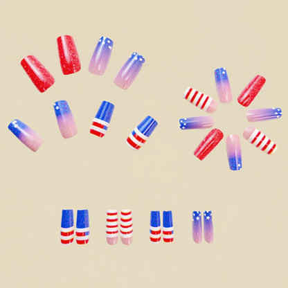 24pcs/set Short Medium square ballet fake nails tip for American Independence Day blue red flowers star flag press on false nail