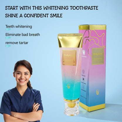 Two-tone toothpaste, oral care, teeth cleaning, fresh breath, whitening effect, anti-cavity function, mint flavor, fruit flavor, unique design, stylish appearance, convenient use, a must-have for families, daily necessities.