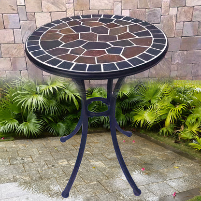 A small round stone table | with a colorful stone - inlaid tabletop and metal legs | an outdoor small round table to start a cozy leisure time.