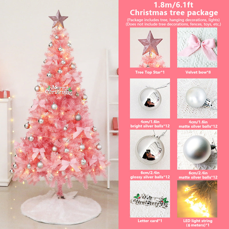 Pink Christmas Tree Set. It comes with a set combination and a metal stand. With soft color tones and dreamy colors, it helps create a festive atmosphere and adds a cozy feeling.