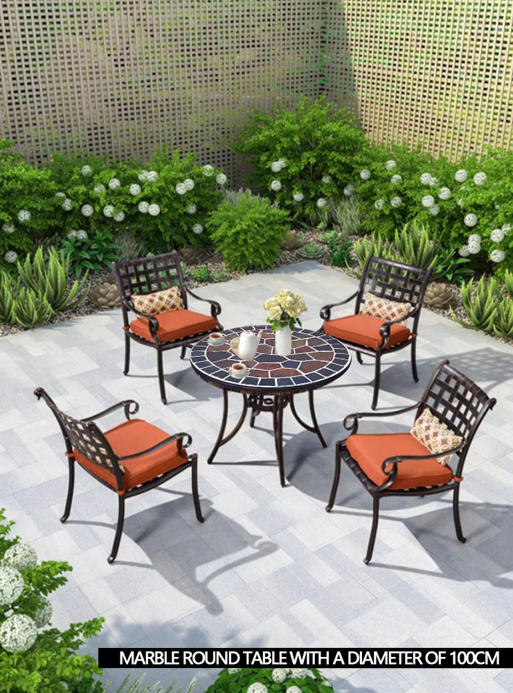 A small round stone table | with a colorful stone - inlaid tabletop and metal legs | an outdoor small round table to start a cozy leisure time.