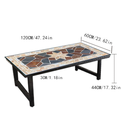 Art Collage Mosaic Stone Long Coffee Table | An Outdoor Exquisite Tea Table | Patio Furniture Barbecue Table Coffee Table | Wrought Iron Table Frame with Black Paint Finish.