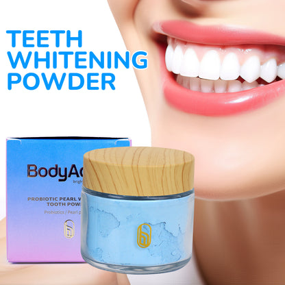 Whitening tooth powder, teeth whitening, oral care, whitening effect, teeth cleaning, stain removal, natural ingredients, fine powder texture, fresh breath, used in the morning and evening to enhance appearance, convenient packaging.