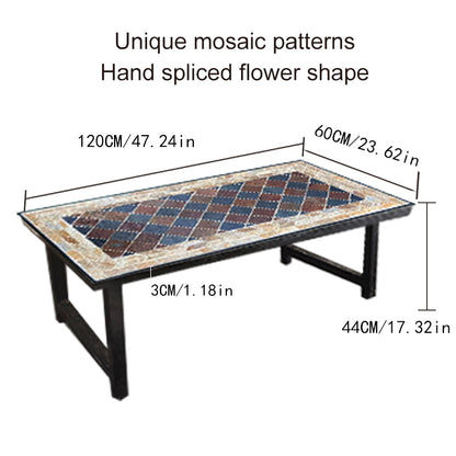 Art Collage Mosaic Stone Long Coffee Table | An Outdoor Exquisite Tea Table | Patio Furniture Barbecue Table Coffee Table | Wrought Iron Table Frame with Black Paint Finish.