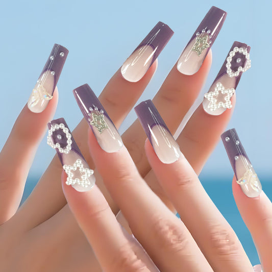 Purple - pink gradient nail stickers, adorned with pearls, stars and bows, encounter a fairy tale on your fingertips.