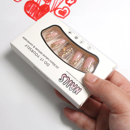 2-piece Set 24 Nail Tips Elegant Pink Rhinestone  Accent Fashion Press-On Nails with Sparkle Details