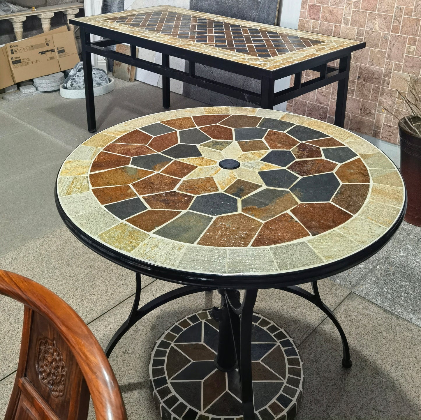 Large Round Garden Stone Table | Colorful Collage Art Tabletop for a Cozy Outdoor Space
