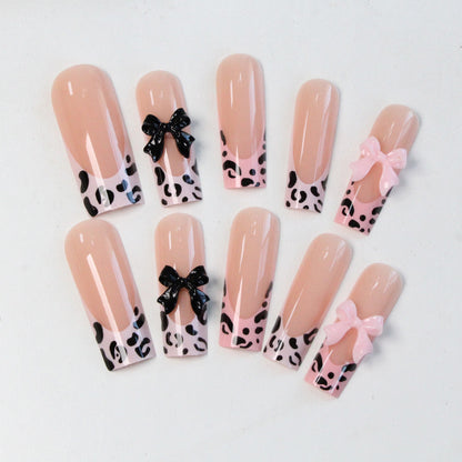 24 nail tips Leopard print meets bow nail stickers: sweet and cool fusion, fashionable and popular