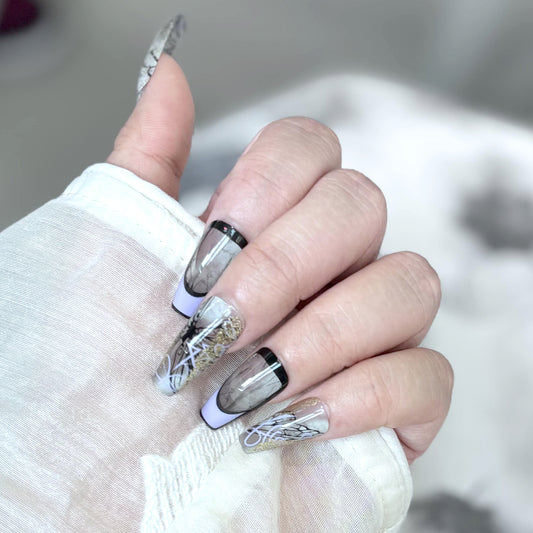 10 - piece set Dreamy Purple - Black Geometric Nail Art! Mysterious lines interwoven, unlocking the code of fingertip fashion