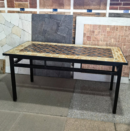 Large rectangular garden stone table, patio furniture, barbecue table, outdoor furniture, coffee and tea table, hard stone mosaic tabletop, wrought iron table frame with black paint finish.
