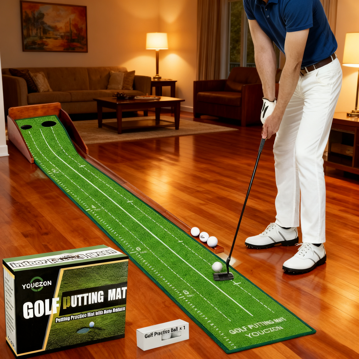 Putting Green Indoor | No Hump Golf Mat | Auto Ball Return | Easy To Fold Solid Wood Base | Luxurious Velvet Surface | Ideal For Home Office Golfers
