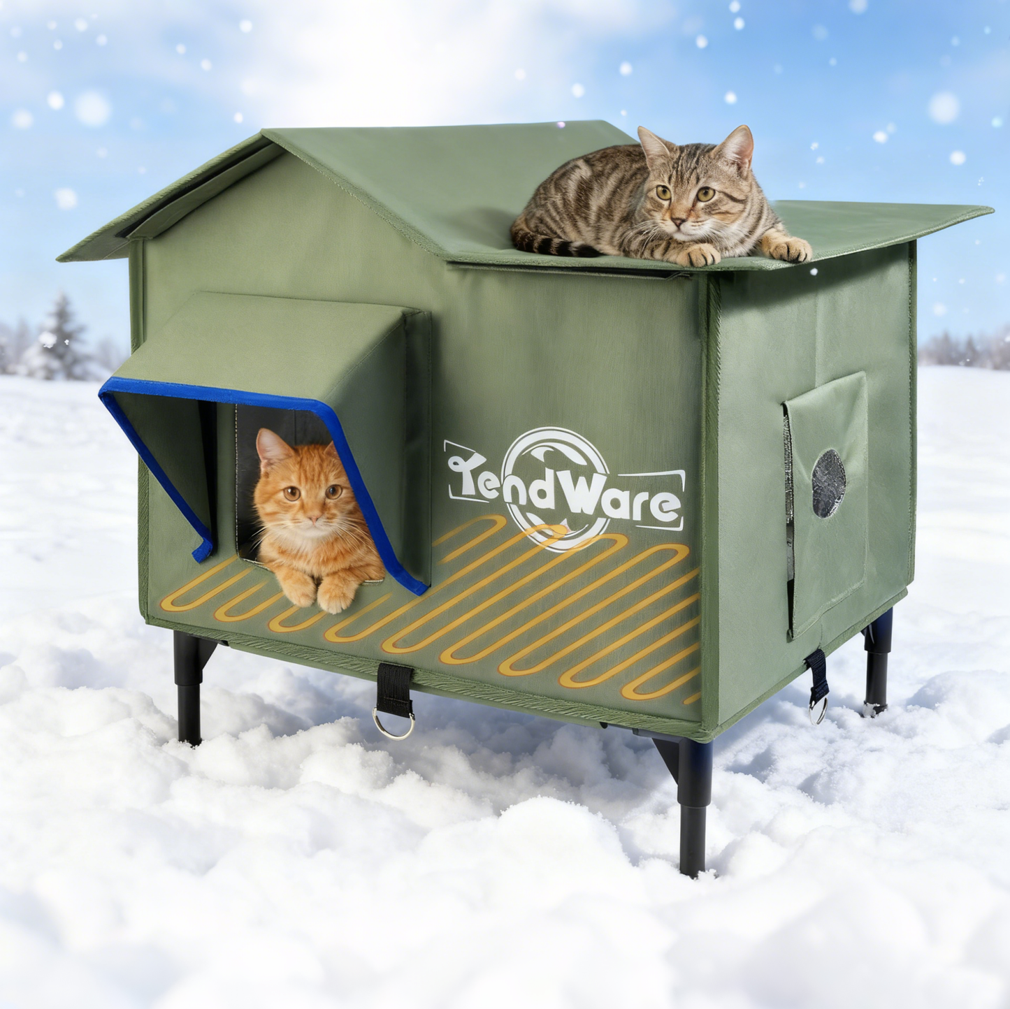 Outdoor Heated Cat House | Elevated Base | Cat-Attracting Eave Design | Feral Stray Shelter | Weatherproof For Winter | Garage Yard Porch Use | Size L